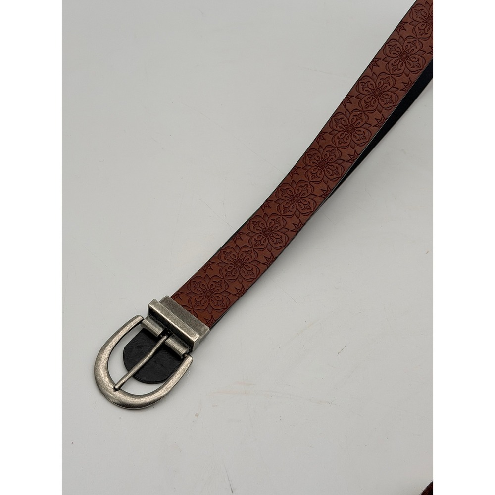 Womens Brown Floral Tooled Embossed Reversible Belt Silver Buckle Boho Western